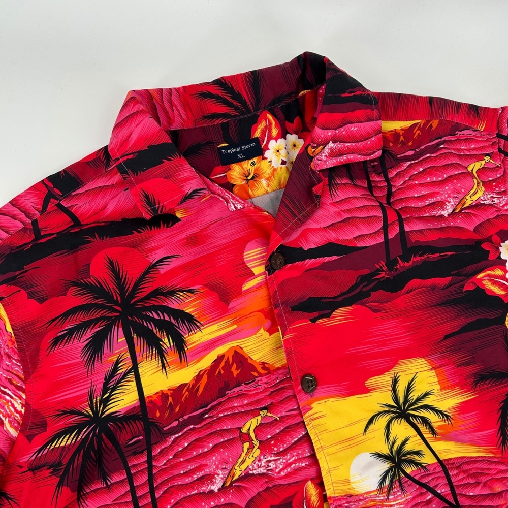 Tropical Storm Mens XL Sunset Hawaiian Shirt Pink Red Palm Tree Surfer Hibiscus